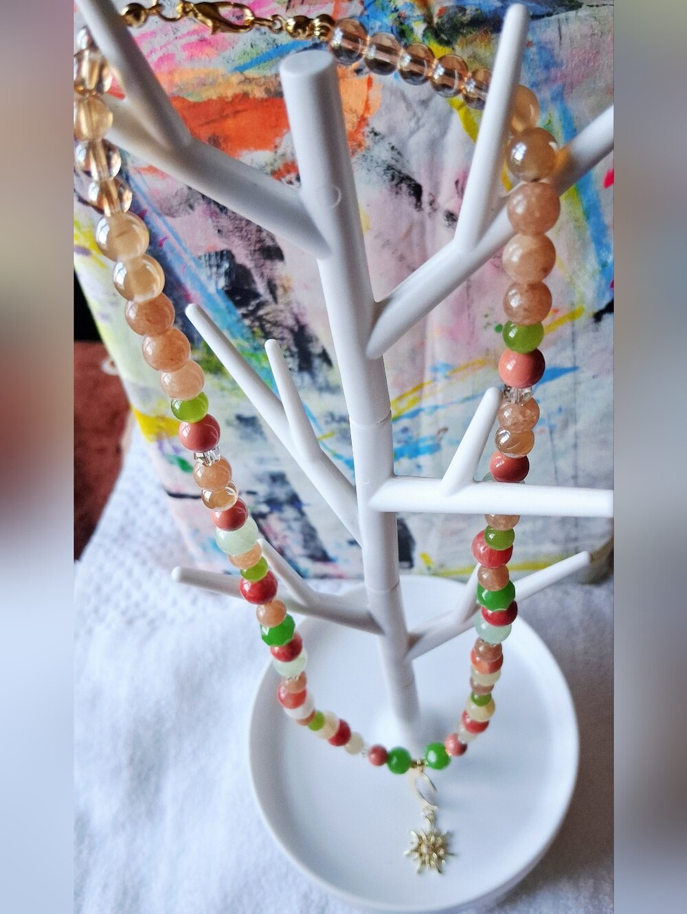Green, Coral & Peach Beaded Multicolor Necklace And Earrindg Set-Handmade